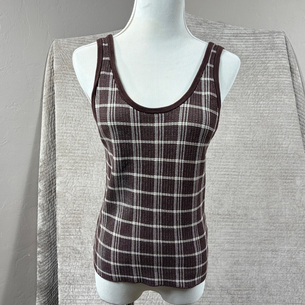 Massimo Dutti Brown White Plaid Knit Tank Top 100% Cotton Scoop Neck Sleeveless
